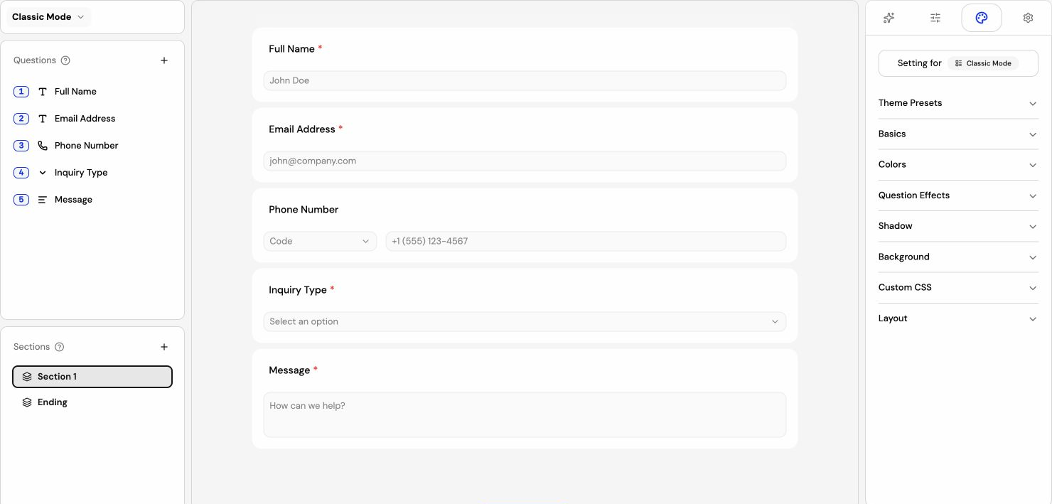 Actual Formlism editor with the question outline, form canvas, and appearance settings